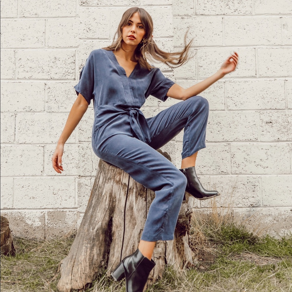 Blue Tie Front Jumpsuit